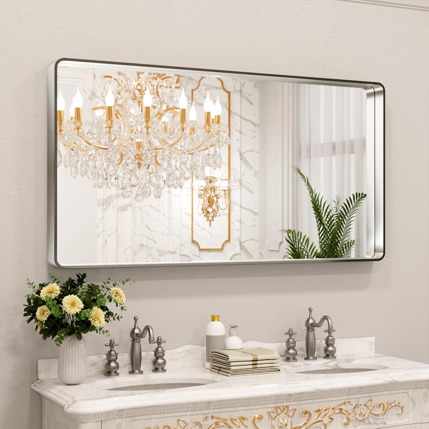 50X30 Inch Black Metal Framed Bathroom Mirror for Wall, Matte Black Bathroom Vanity Mirror Farmhouse, Large Rounded Rectangle Mirror, Anti-Rust, Tempered Glass, Hangs Horizontally or Vertically