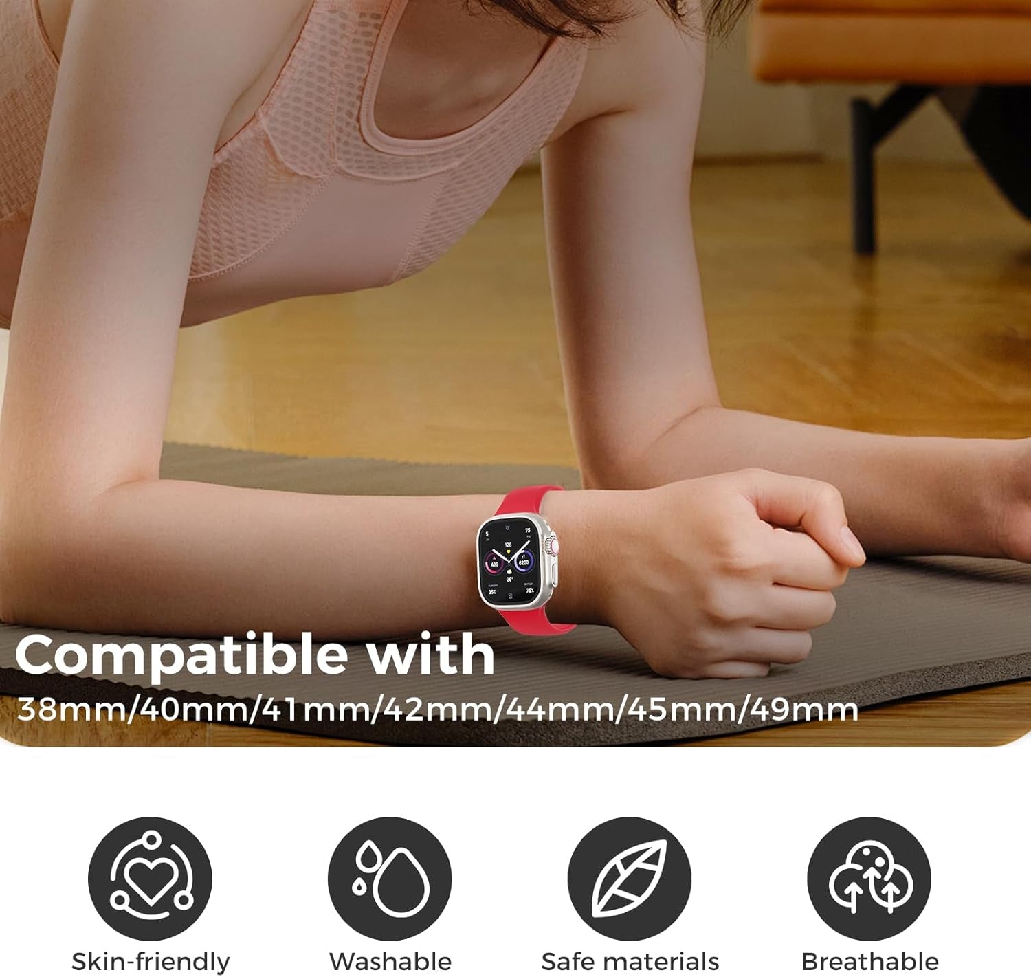 Silicone Band Compatible with Apple Watch Band 38Mm 40Mm 41Mm 42Mm 44Mm 45Mm 49Mm, Soft Silicone Sport Bands Replacement Strap for Apple Watch Ultra 2 Ultra SE Series 9 8 7 6 5 4 3 2 1 for Women Men