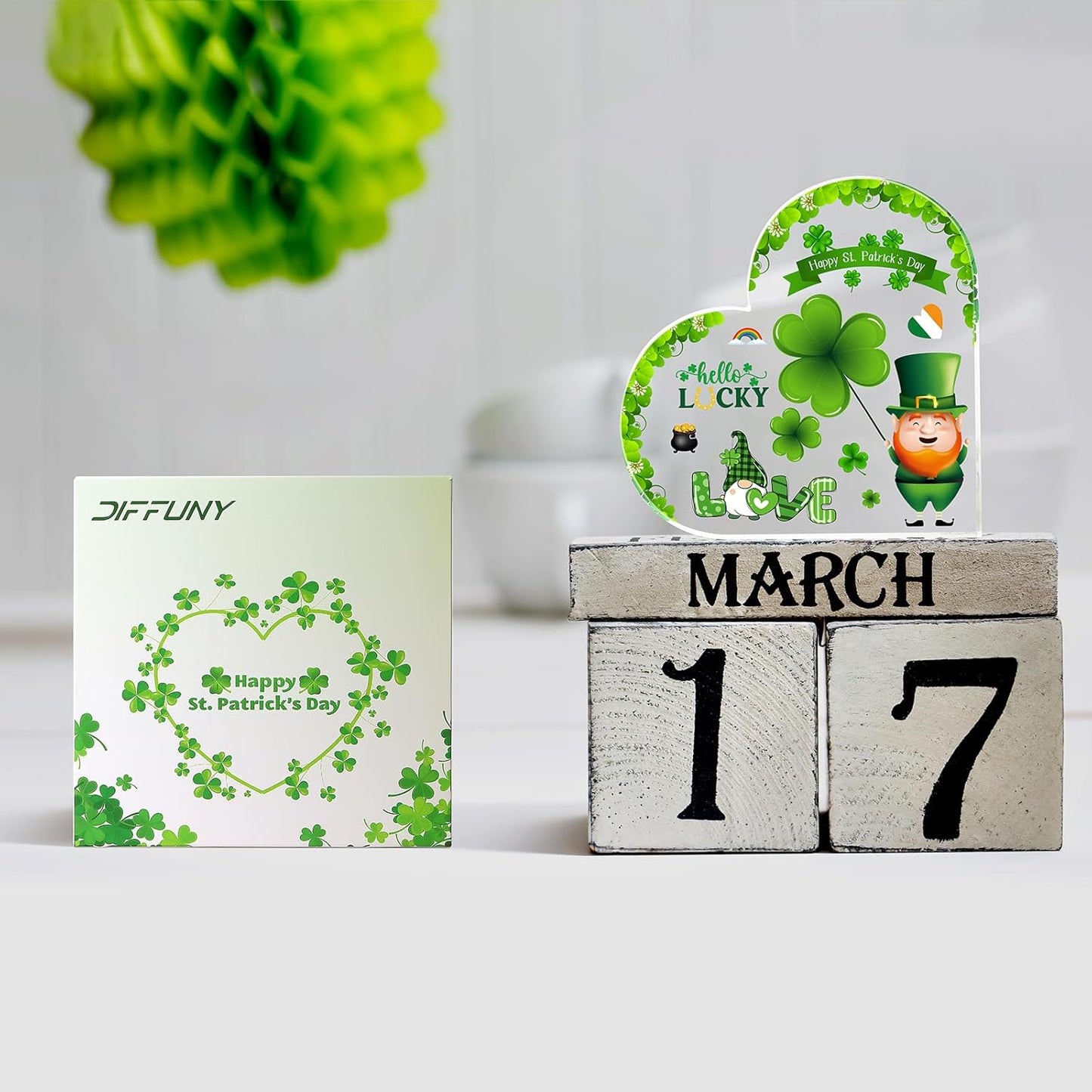 St Patricks Day Gifts & St Patricks Day Decor for Table, Office Desk, Shelf, Mantle - Acrylic Heart Shamrocks Decorations for Home