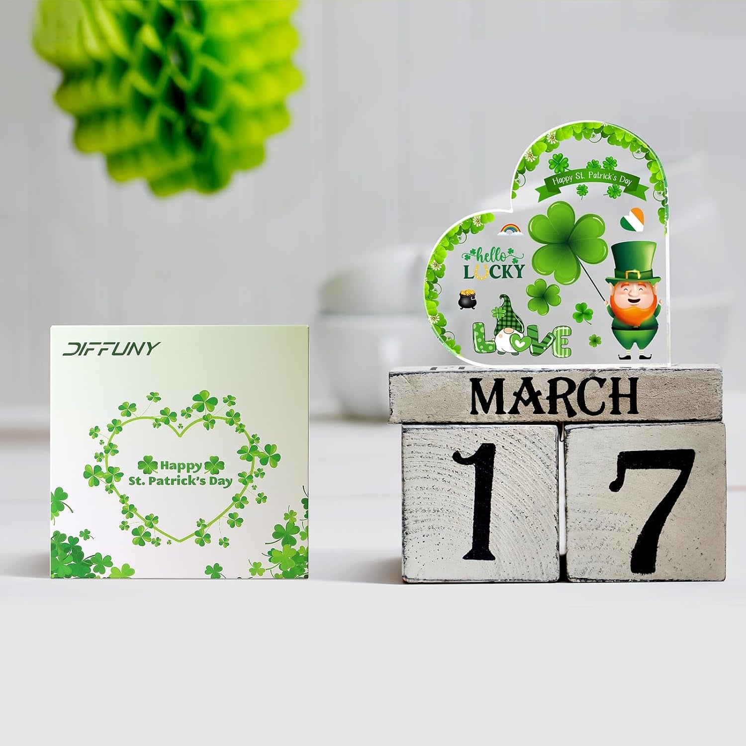 St Patricks Day Gifts & St Patricks Day Decor for Table, Office Desk, Shelf, Mantle - Acrylic Heart Shamrocks Decorations for Home