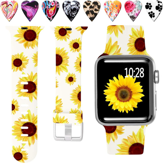 Compatible with Apple Watch Band 42Mm 41Mm 40Mm 38Mm for Women Men, Soft Silicone Fadeless Pattern Print Wristbands for Iwatch Series 10/9/8/7/6/5/4/3/2/1 SE, Sunflower