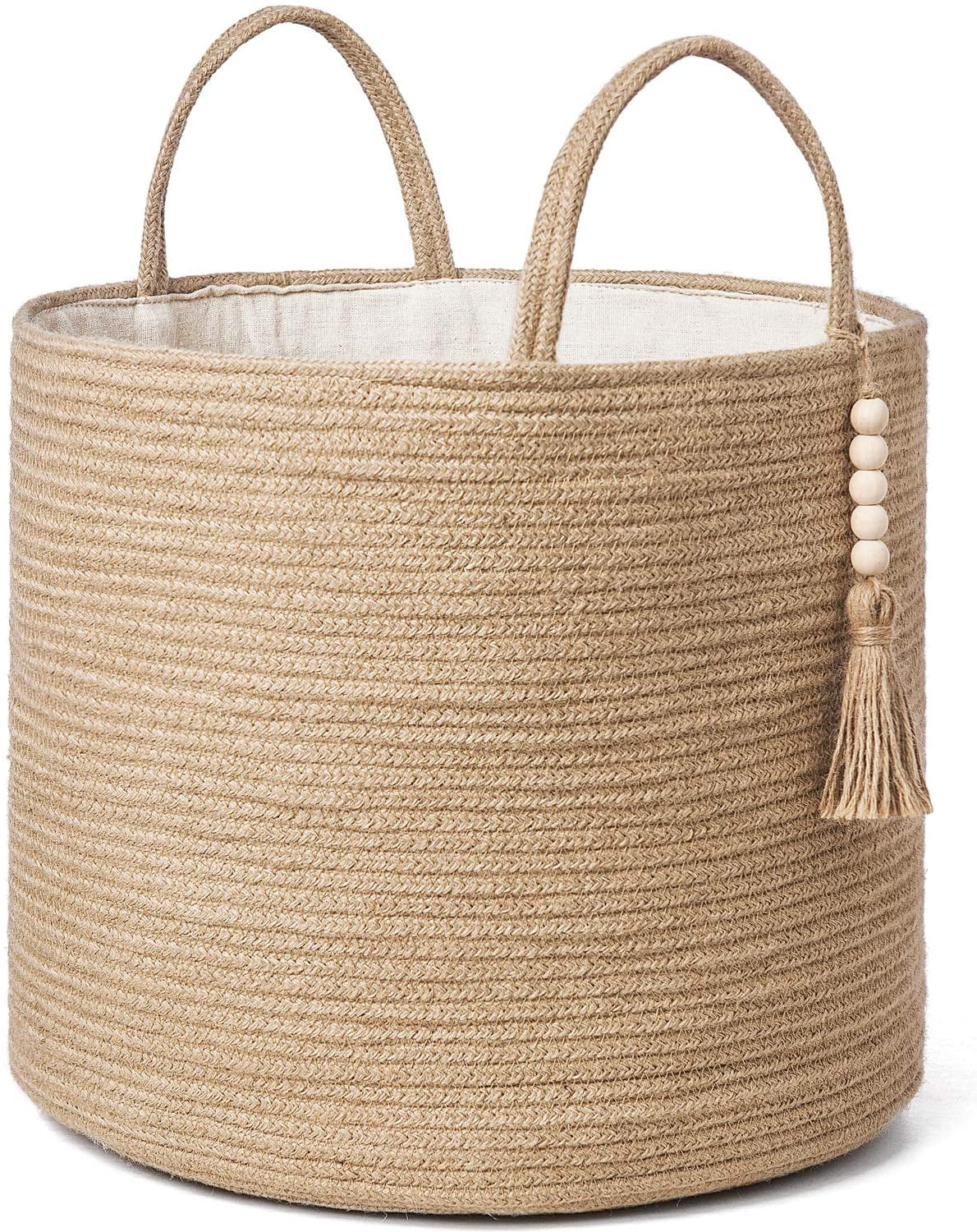 Woven Storage Basket Decorative Natural Rope Basket Wooden Bead Decoration for Blankets,Toys,Clothes,Shoes,Plant Organizer Bin with Handles Living Room Home Decor, Jute, 16" W × 13.8"L