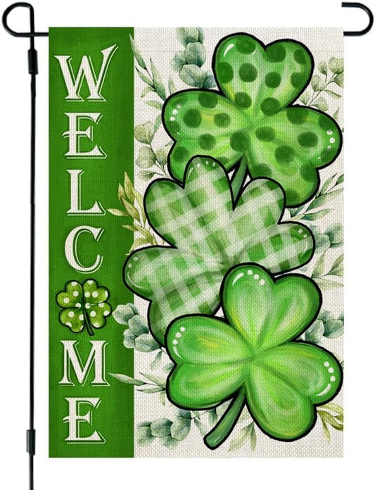 St Patricks Day Shamrocks Garden Flag 12X18 Inch Double Sided for outside Small Welcome Green Clovers Burlap Holiday Yard Flag