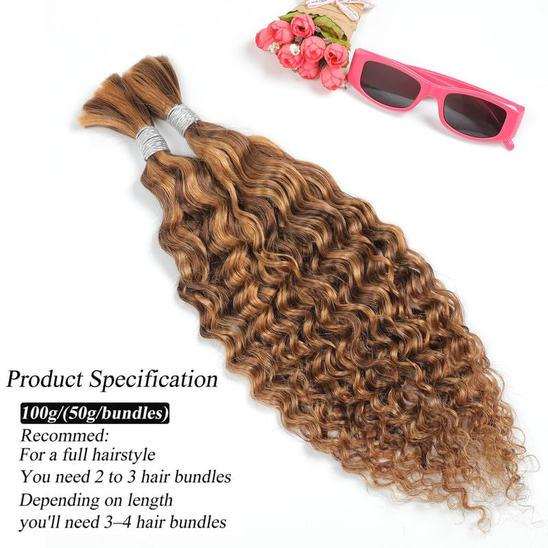 Human Braiding Hair 14Inch Water Wave Bulk Human Hair for Braiding 100G 2Bundle/Pack No Weft Human Hair Bundles for Braiding Micro Human Braiding Hair for Boho Braids(14Inch,4/27#)