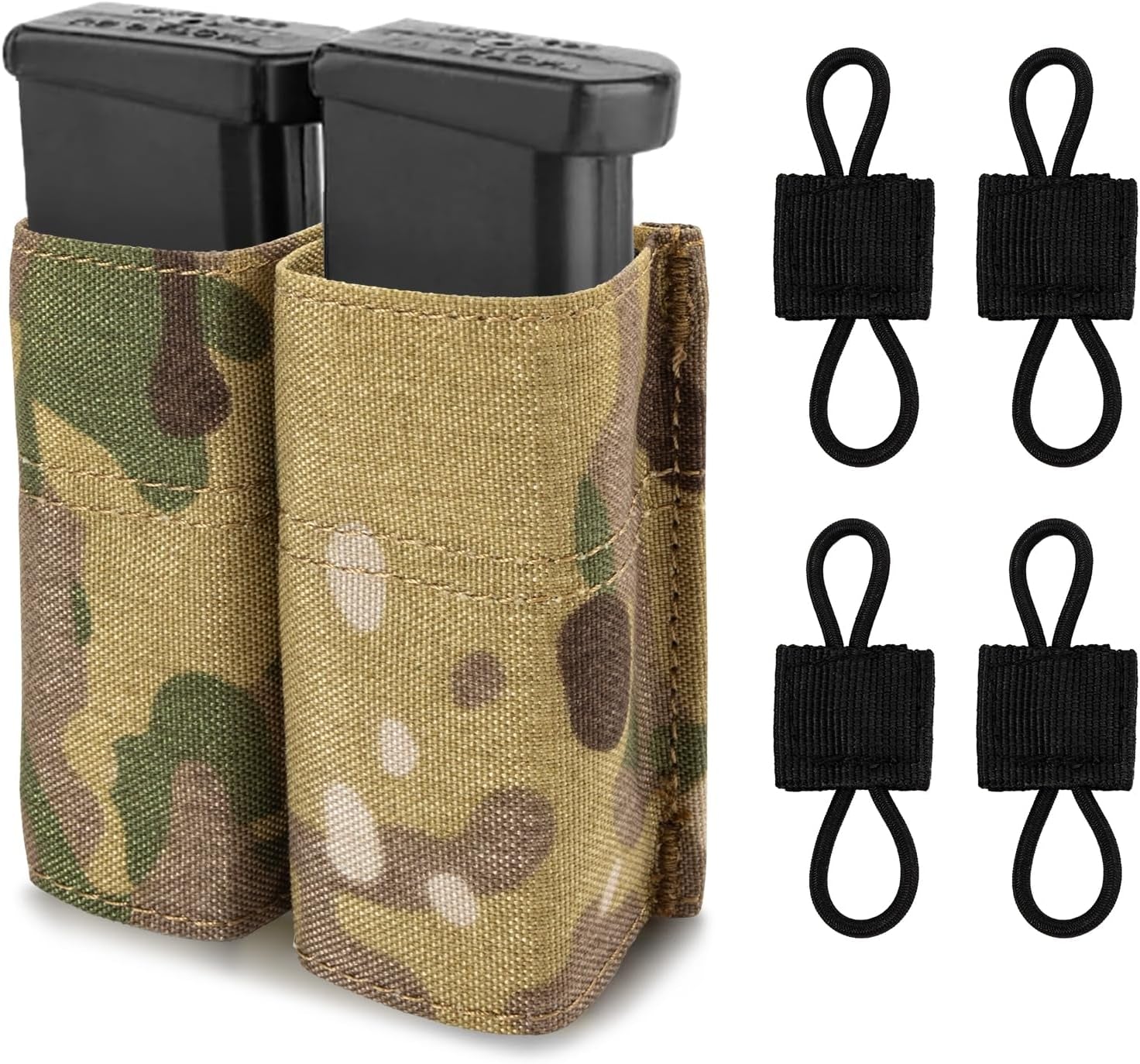 Double Pistol Mag Pouch with Quick Release, 9Mm Nylon Magazine Holder, Includes 4 Molle Elastic Bands, Premium Battle Belt Accessories