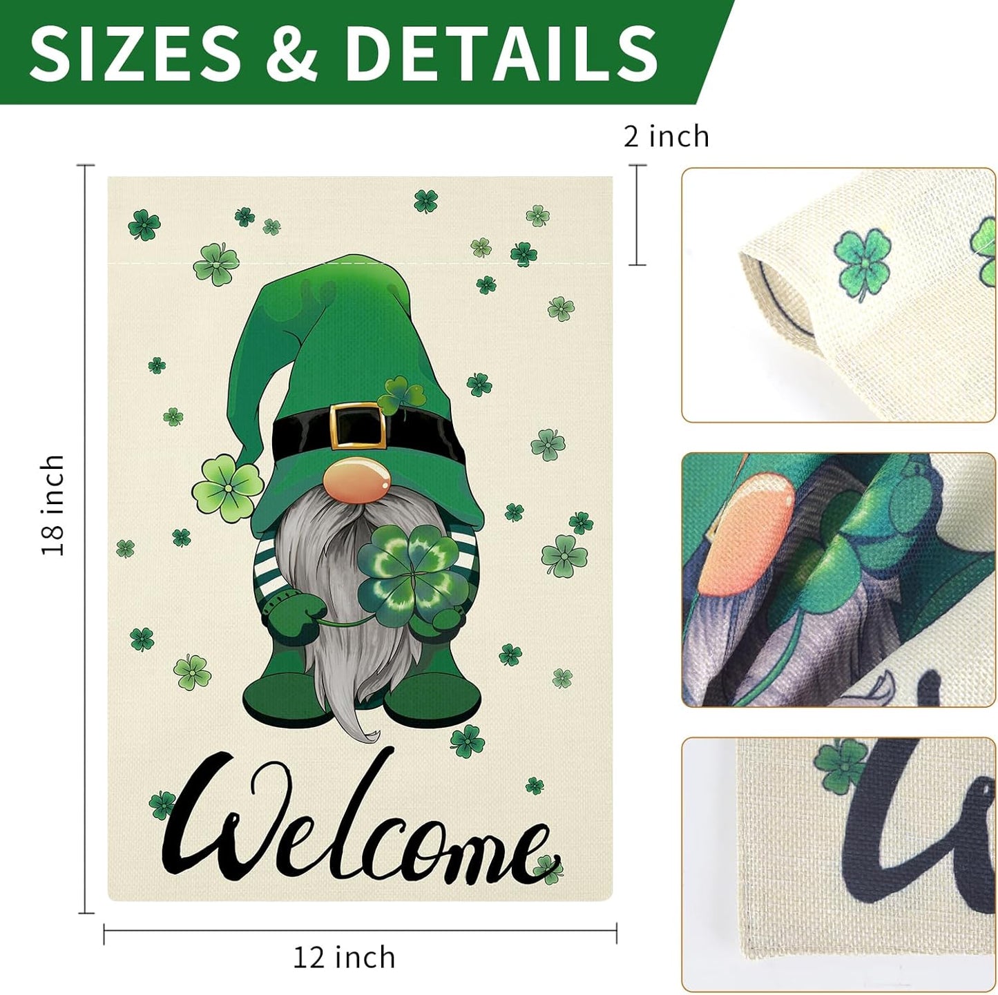 St Patricks Day Garden Flag Double Sided, Green Gnome Shamrocks Clover St.Patrick’S Day Garden Flag Yard Flag for Holiday Outdoor Decoration 12X18 Inch