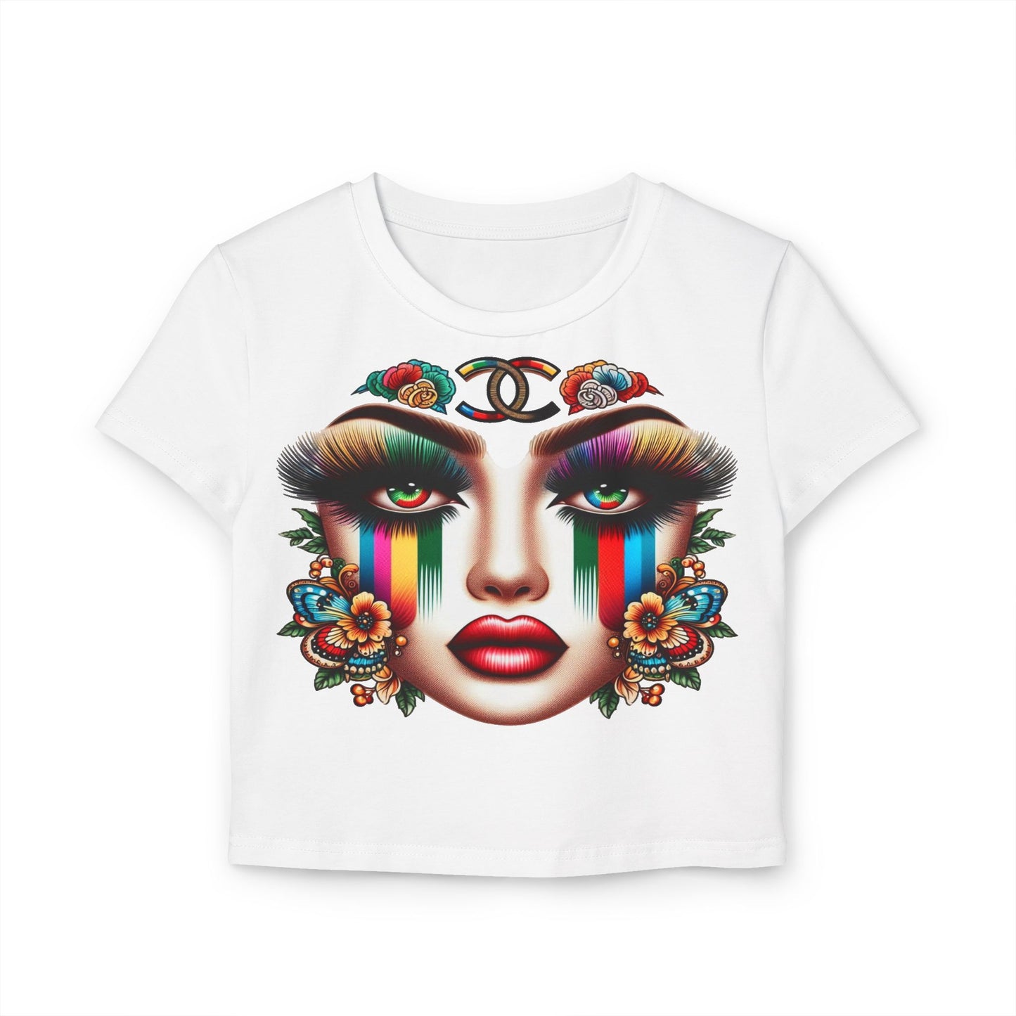 Vibrant Graphic Women's Baby Tee - Colorful Floral Face Design