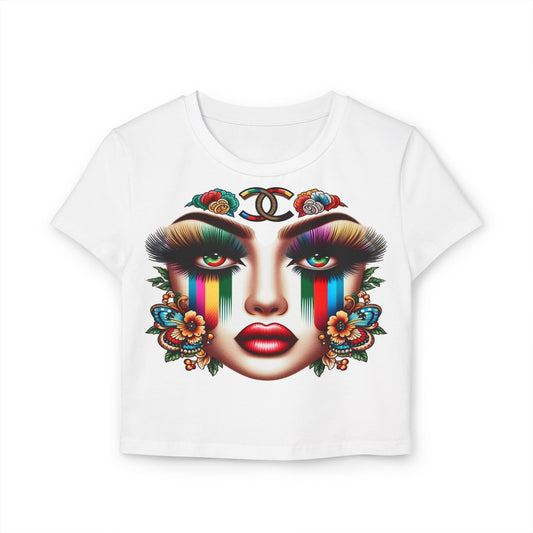 Vibrant Graphic Women's Baby Tee - Colorful Floral Face Design