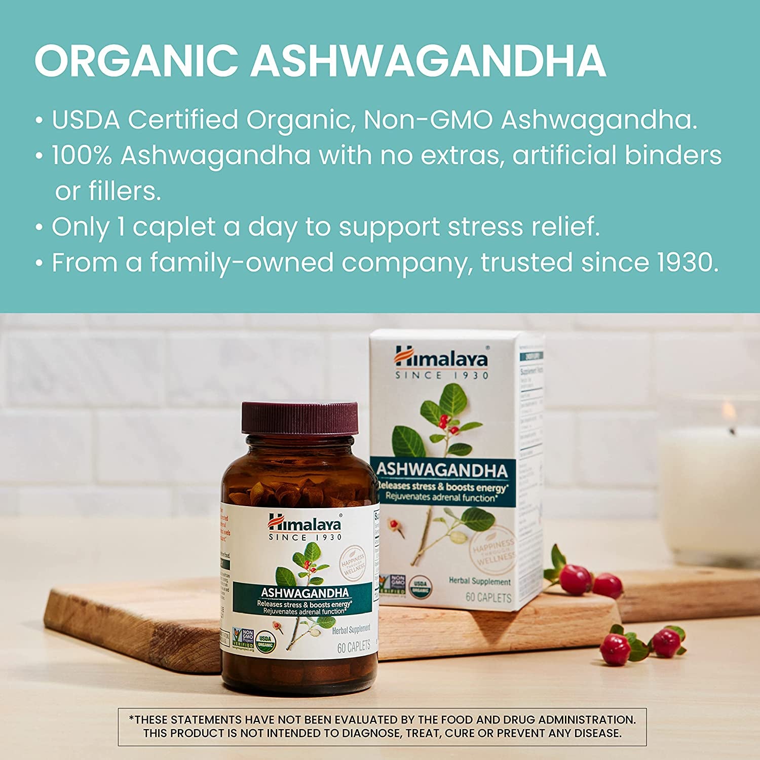 Organic Ashwagandha, 60 Day Supply, Herbal Supplement for Stress Relief, Energy Support, Occasional Sleeplessness, Organic, Non-Gmo, Vegan, Gluten Free, 670 Mg, 60 Caplets TLBH