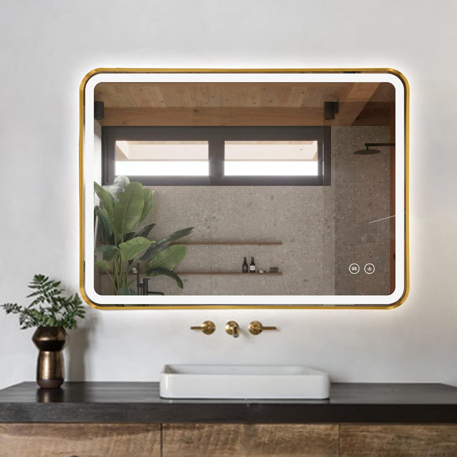 Rectangle LED Bathroom Mirror, 30"X22" Anti-Fog Double Touch Lighted Wall Vanity Mirror 45° Beveled Metal Frame Stepless Adjustable Color Temperature Smart Mirror 3000K-6000K, Gold