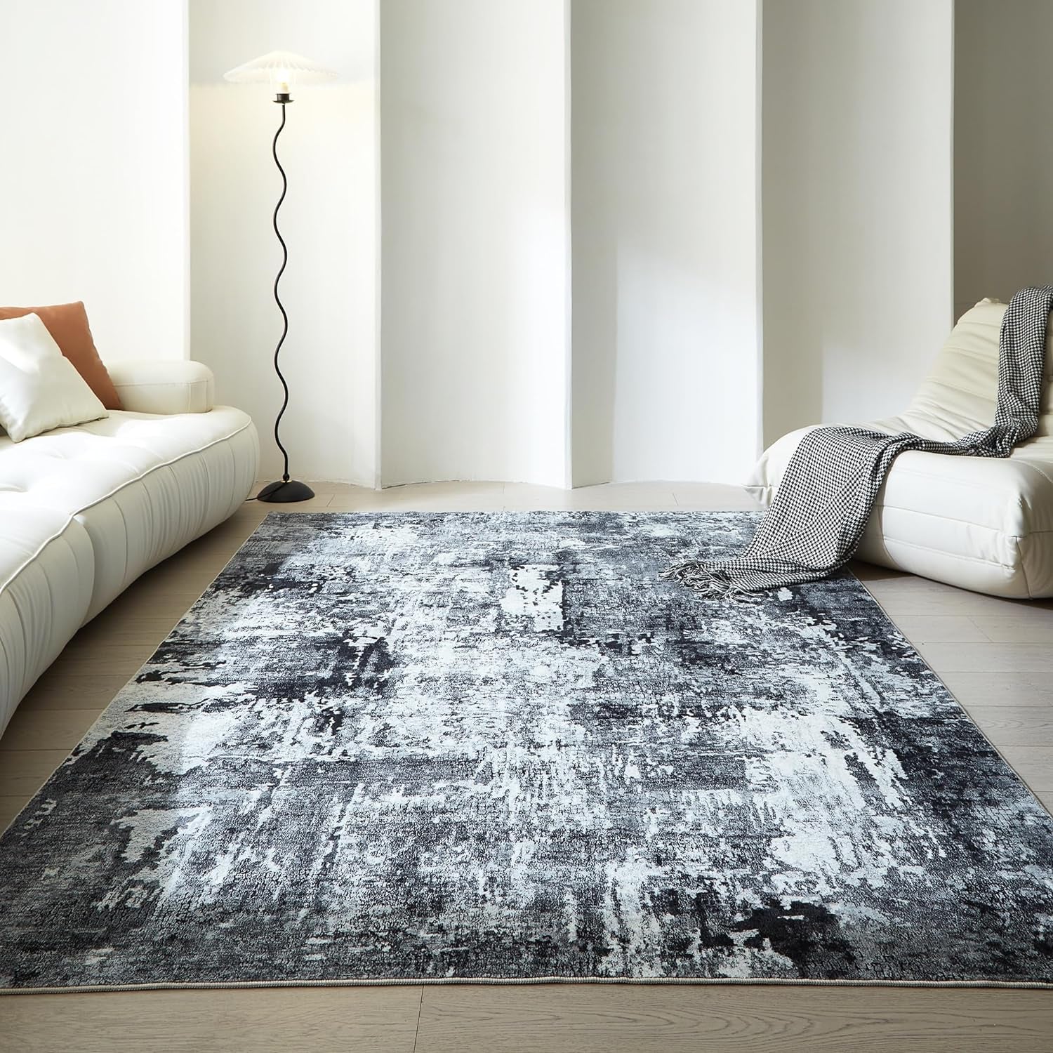 Area Rug 5X7 Washable Rug Boho Soft Abstract Pattern Non-Slip Faux Wool Vintage Rug for Living Room, Bedroom Rug, Farmhouse, Dining Room, Kids Playroom, Grey and Black