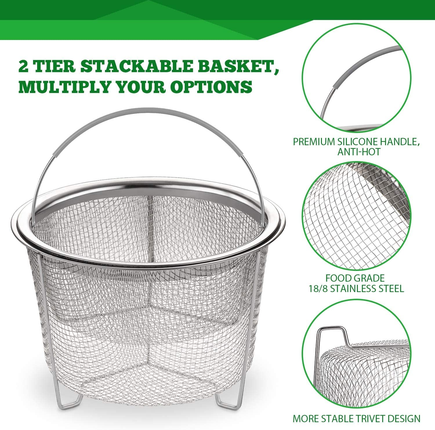Steamer Basket for Instant Pot Accessories 6 Qt or 8 Quart - 2 Tier Stackable 18/8 Stainless Steel Mesh - Silicone Handle - Vegetable Steamer Insert, Egg Basket, Pasta Strainer,Silver