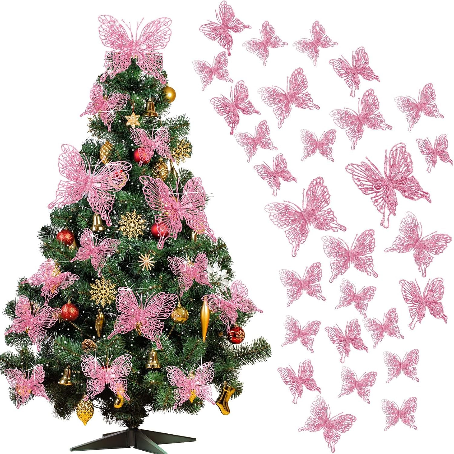 36 Pcs 3 Size Christmas Tree Butterfly Decorations Glitter Hollow Butterfly Ornaments Hanging Butterfly Decorations for Christmas Tree (Pink)