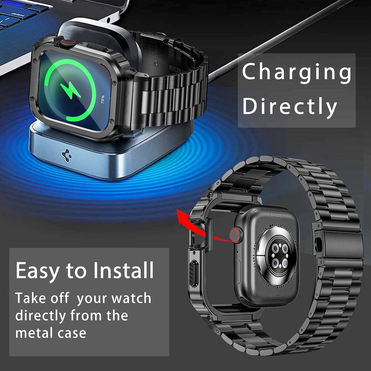 Stainless Steel Band and Case Compatible with Apple Watch Band 45Mm, Men Metal Protective Bumper Cover for Iwatch Series 9/8/7, Black
