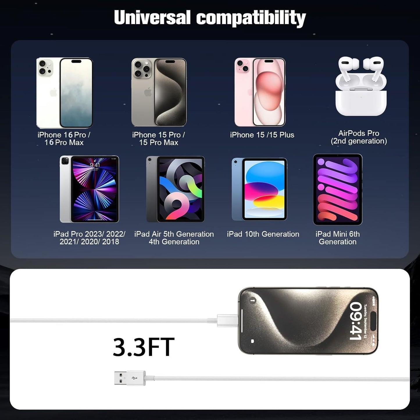 Iphone 15 Car Carplay Cable for Iphone 16E 15/16 15/16 Pro Max 15/16 plus Car Accessories Cable, USB a to USB C for Ipad 10Th Gen Ipad Pro Ipad Air 5Th 4Th Mini 6Th Car Charger Replacement (3.3 FT)