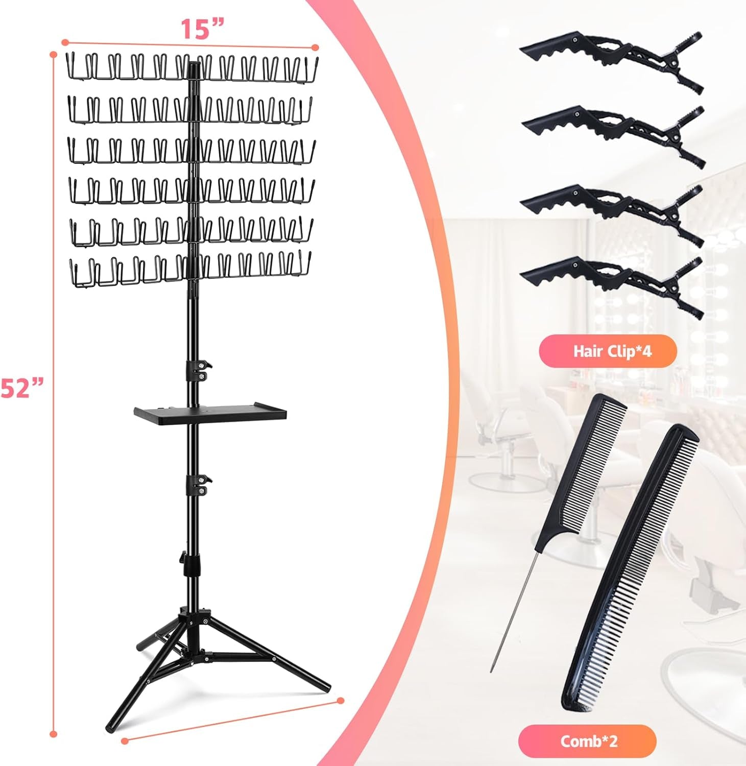 Braiding Hair Rack, with Salon Tray and Hair Braiding Kit, Portable Height Adjustable Hair Braiding Rack, Hair Racks for Braiders Standing -140 Pegs (Black)