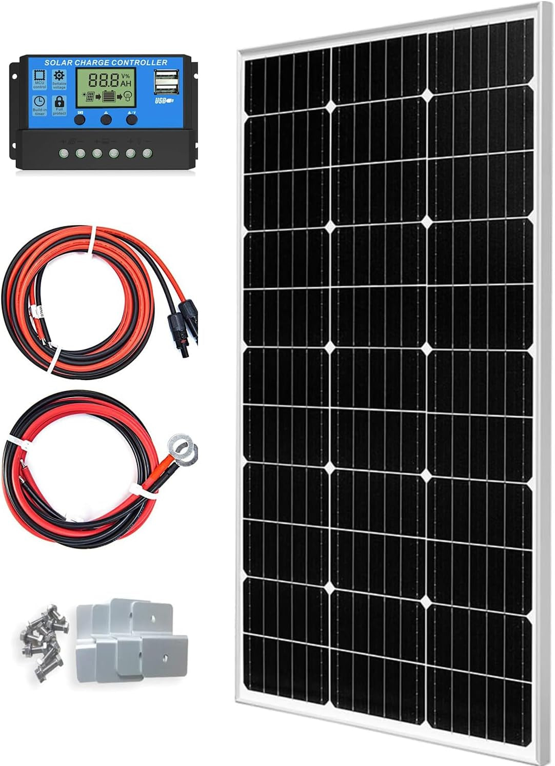 Solar Panel Kit 100W 12V Monocrystalline,Battery Maintainer +10A Solar Charge Controller + Extension Cable with Battery Clips O-Ring Terminal for RV Marine Boat off Grid System