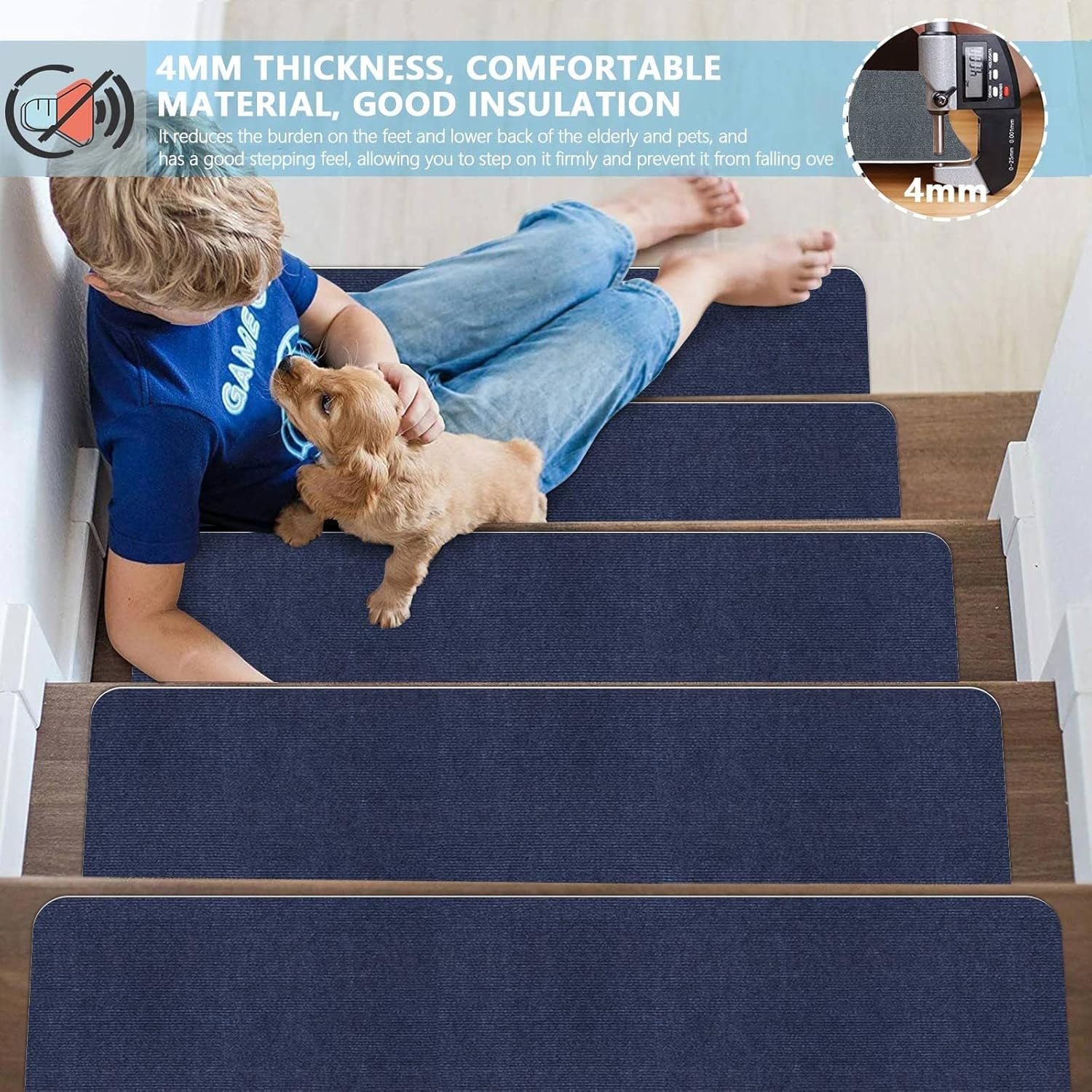 8" X 30" (15 in Pack) Non-Slip Stair Treads Carpet for Wooden Steps, Self-Adhesive Stair Treads Mat, Safety Indoor Stair Runner Mats, anti Slip Stair Rugs for Kids Elders and Dogs，Navyblue