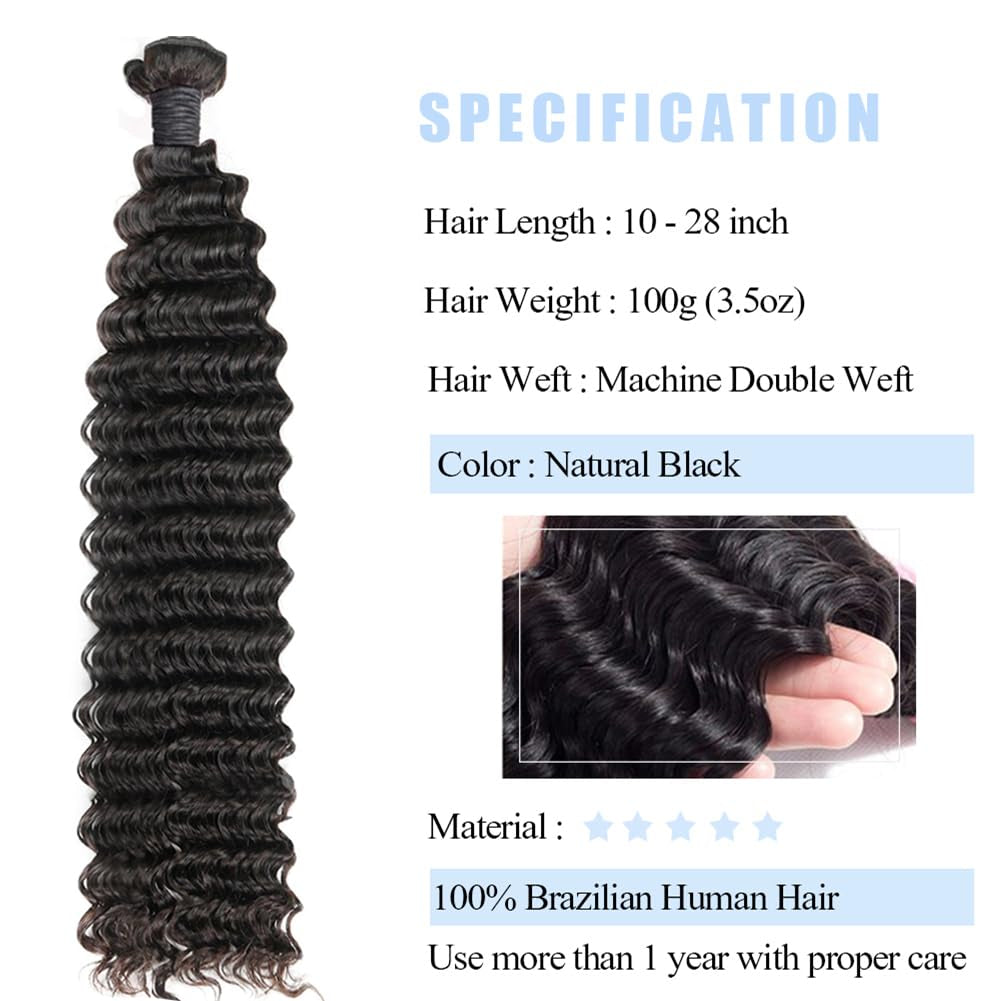 Deep Wave Bundles Human Hair Weave Single Bundles Deep Curly Brazilian Virgin Hair Wet and Wavy Bundle 12A Grade Unprocessed Human Hair Extensions Natural Black 18 Inch