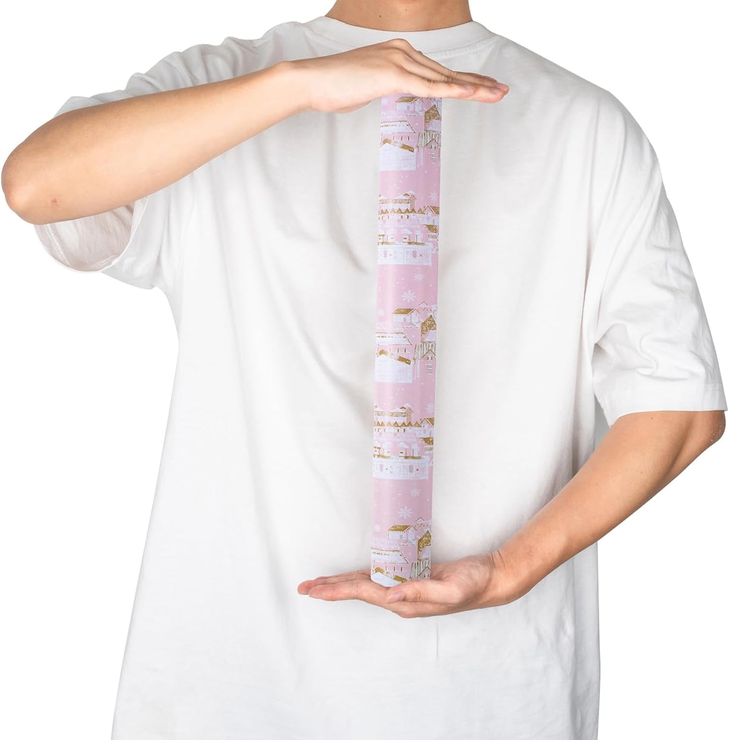 Christmas Wrapping Paper Roll - Pink & Golden City Snow Scenery for Christmas Holiday, Party - 17 Inches X 32.8 Feet (46.45 Sq.Ft.)