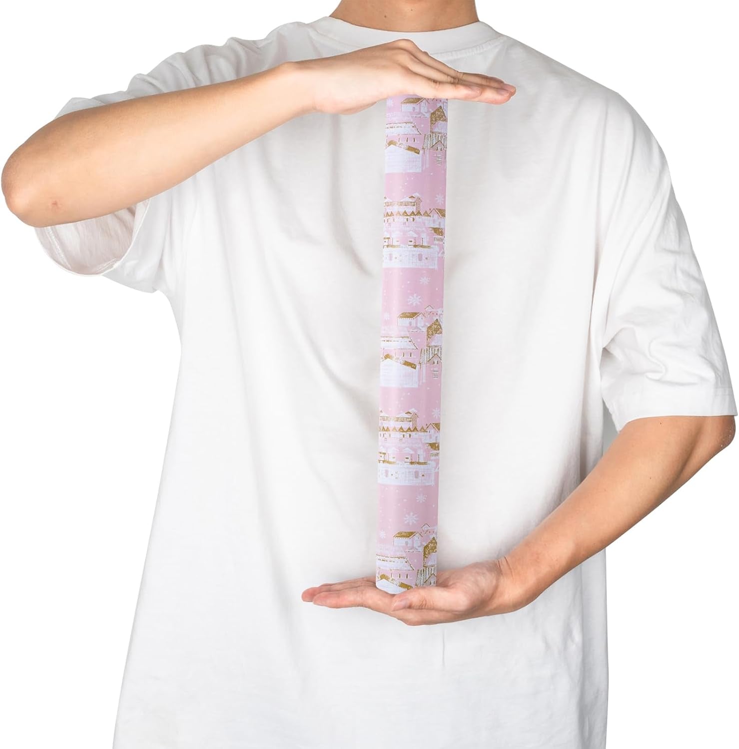 Christmas Wrapping Paper Roll - Pink & Golden City Snow Scenery for Christmas Holiday, Party - 17 Inches X 32.8 Feet (46.45 Sq.Ft.)