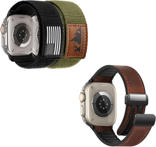 Magnetic Leather Bands Compatible and Rugged Nylon Band with Apple Watch Combination Set
