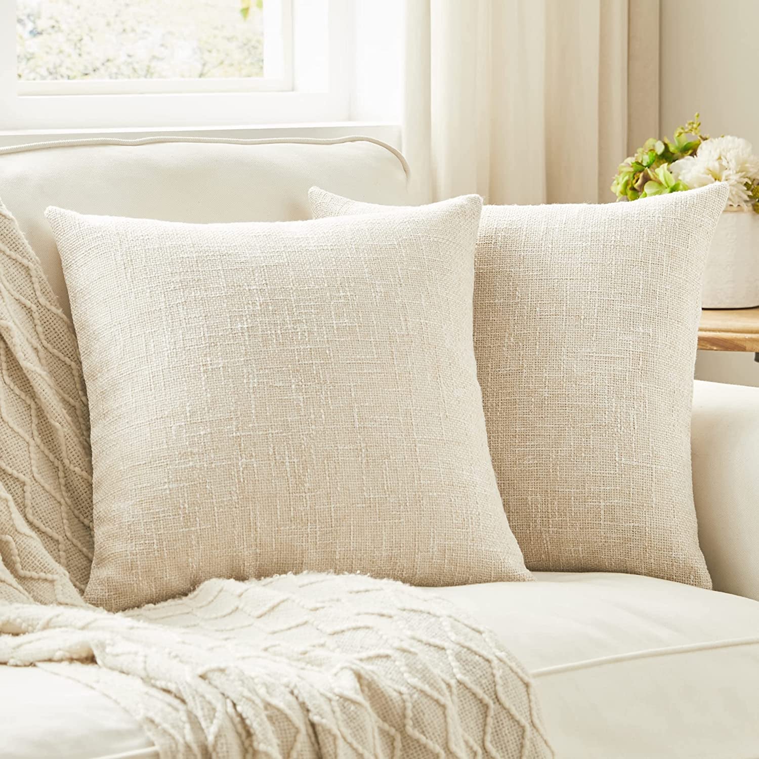 Set of 2 Beige Pillow Covers 18X18 Inch Rustic Linen Square Decorative Throw Pillow Covers for Sofa Couch Farmhouse Home Decorations