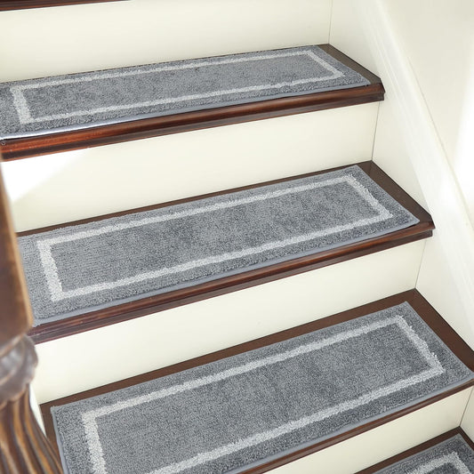 Soft Stair Treads Non-Slip Carpet Mat 28Inx9In Indoor Stair Runners for Wooden Steps,Stair Rugs for Kids and Dogs, 100% Polyester TPE Backing 10Pcs,Grey,Square