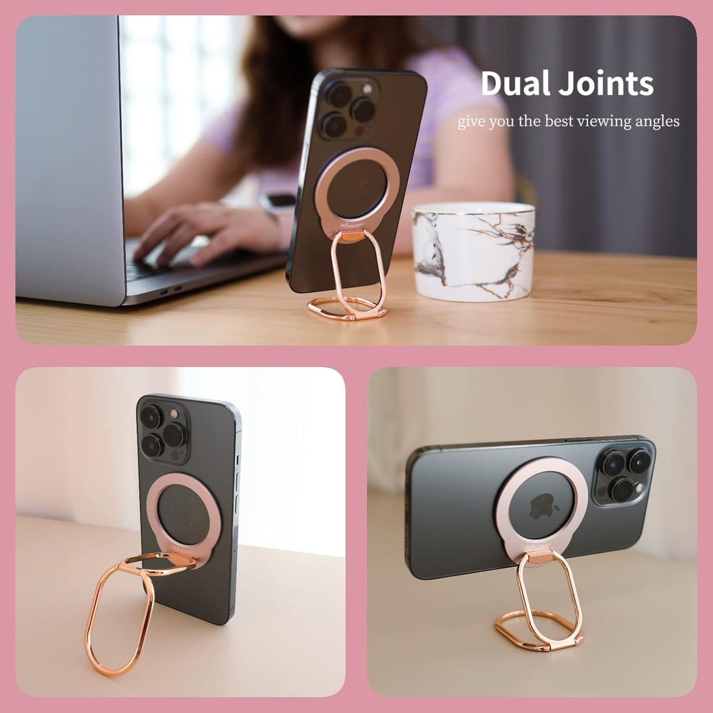 Mag-Safe Phone Stand Phone Grip Compatible with Iphone 12/13/14/15 Mini/Pro/Pro Max Accessories Removable Magnetic Finger Phone Ring Grip (Rosegold Pink)