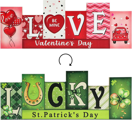 Valentine'S Day Wooden Table Sign St. Patrick’S Day Decorations LUCKY LOVE Reversible Tabletop Decor Rustic Double-Sided Different Theme Irish Farmhouse Table Centerpiece Decor Tiered Tray Decor