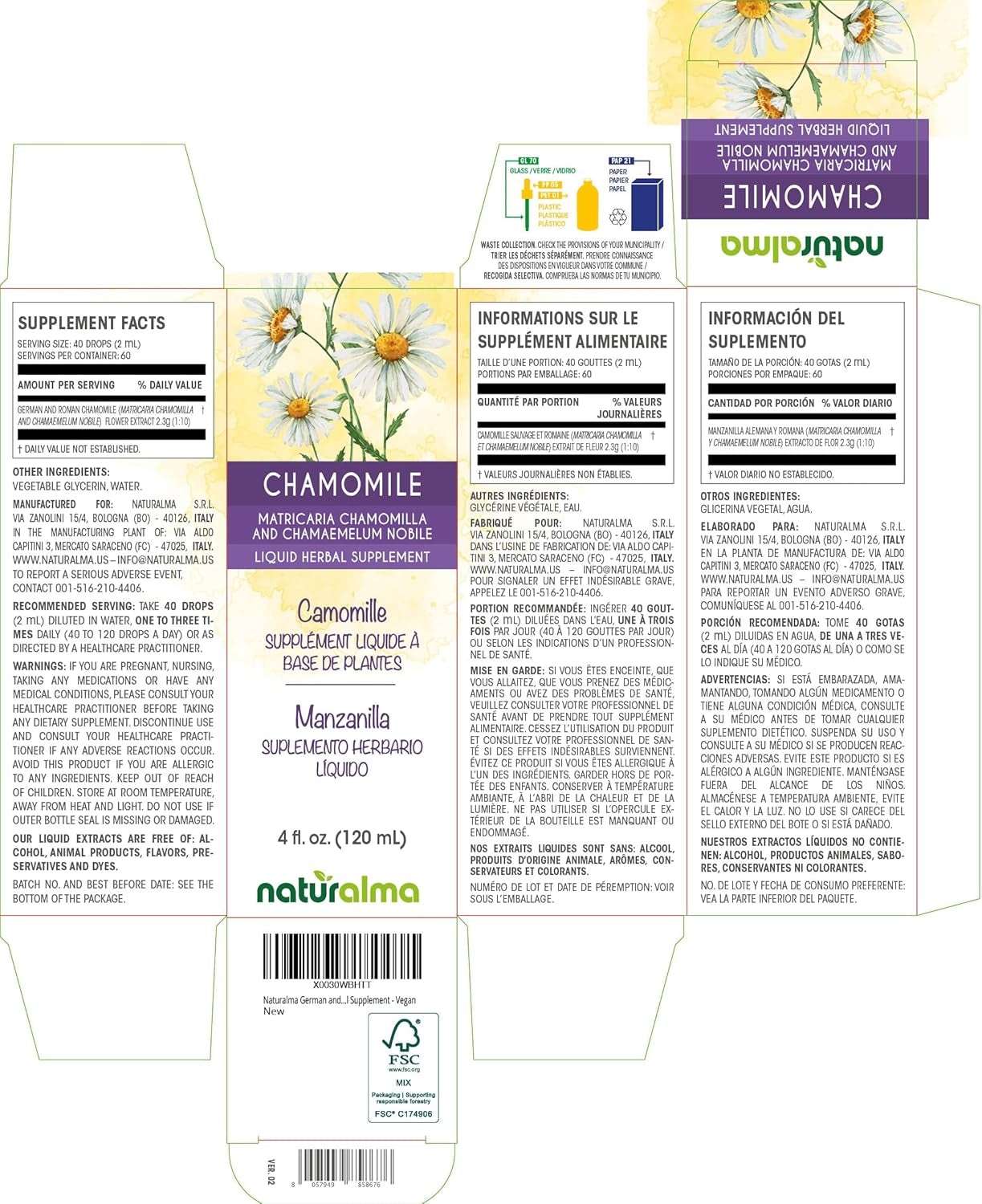German and Roman Chamomile (Matricaria Chamomilla and Chamaemelum Nobile) Flower Alcohol-Free Tincture - 4 Fl Oz Liquid Extract in Drops - Herbal Supplement - Vegan TLBH