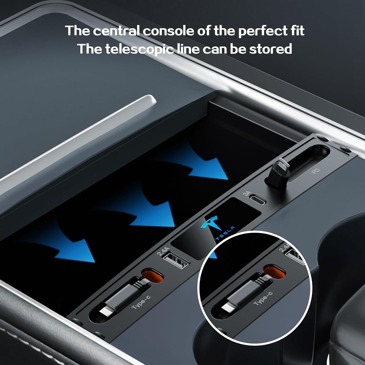 Car USB Charger Multi Port for 2021 2022 2023 Tesla Model 3/Y,Multifunctional Tesla Accessories with Logo and Retractable Cable,Tesla USB Hub 100% Fit Center Console Adapter,Gifts for Tesla Owners