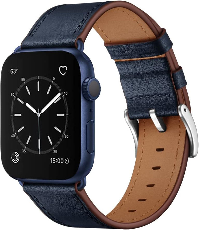 Compatible with Apple Watch Band 49Mm 46Mm 45Mm 44Mm 42Mm(Series 3 2 1), Genuine Leather Band Replacement Strap Compatible with Apple Watch (Black/Black+Dark Blue/Blue)