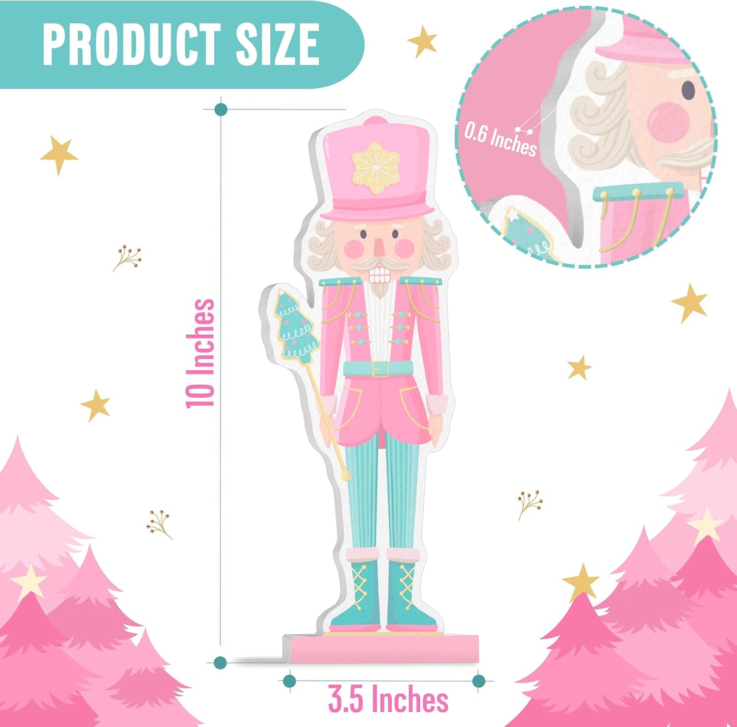 Pink Nutcracker Figurines - Pink Christmas Decor for Fireplace Mantel, Tiered Trays, Dining Table, Shelf Decoration - 10" Height