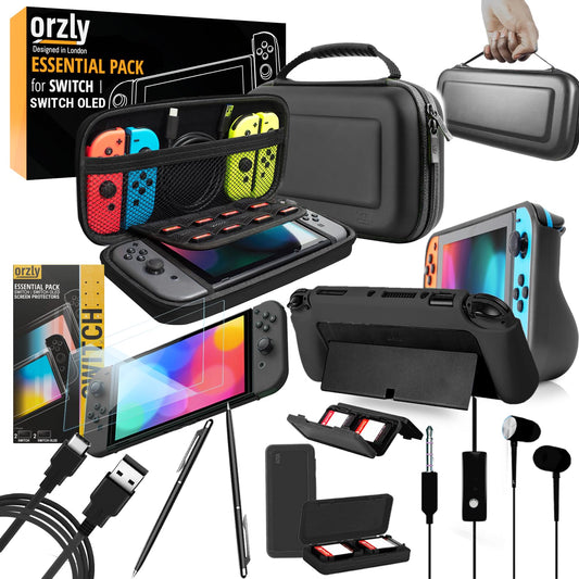 Switch Accessories Bundle -  Essentials Pack for Nintendo Switch OLED Case & Screen Protector , Grip Case, Games Holder, Headphones - Classic Black Edition