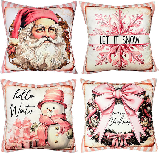 Christmas Pillow Covers Pink 18X18 Set of 4, Soft Short Pile Velour Holiday Throw Pillow Cover, Pink Christmas Decor Christmas Decorations Santa Claus Decor Cushion Cover for Home Sofa