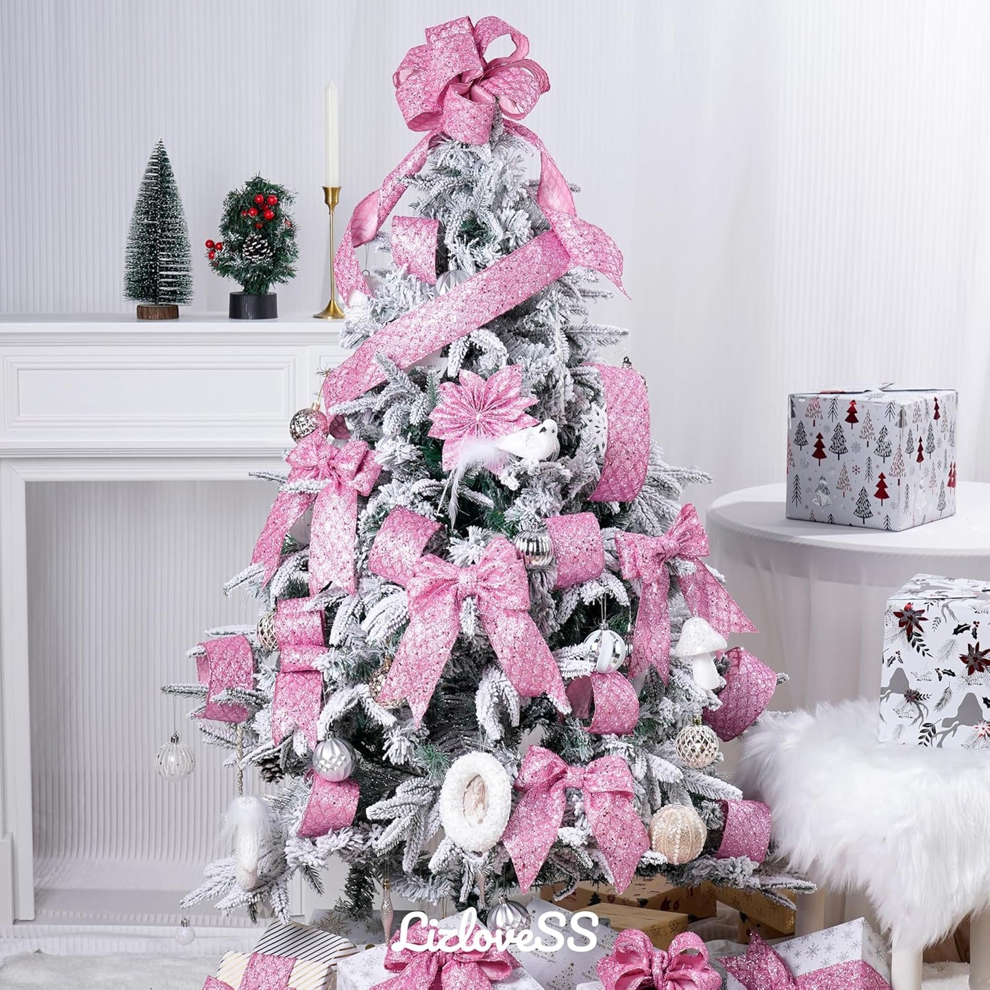 Pink Christmas Ribbon 2.5" Glitter Mesh Wired Ribbon for Christmas Tree Pink Diamond Honeycomb Ribbon for Gift Wrapping, Crafts, Wreath Supplies, Garland, Tree Topper Bows - 10 Yards