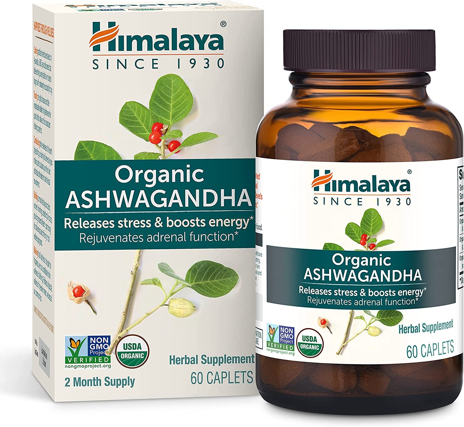 Organic Ashwagandha, 60 Day Supply, Herbal Supplement for Stress Relief, Energy Support, Occasional Sleeplessness, Organic, Non-Gmo, Vegan, Gluten Free, 670 Mg, 60 Caplets TLBH
