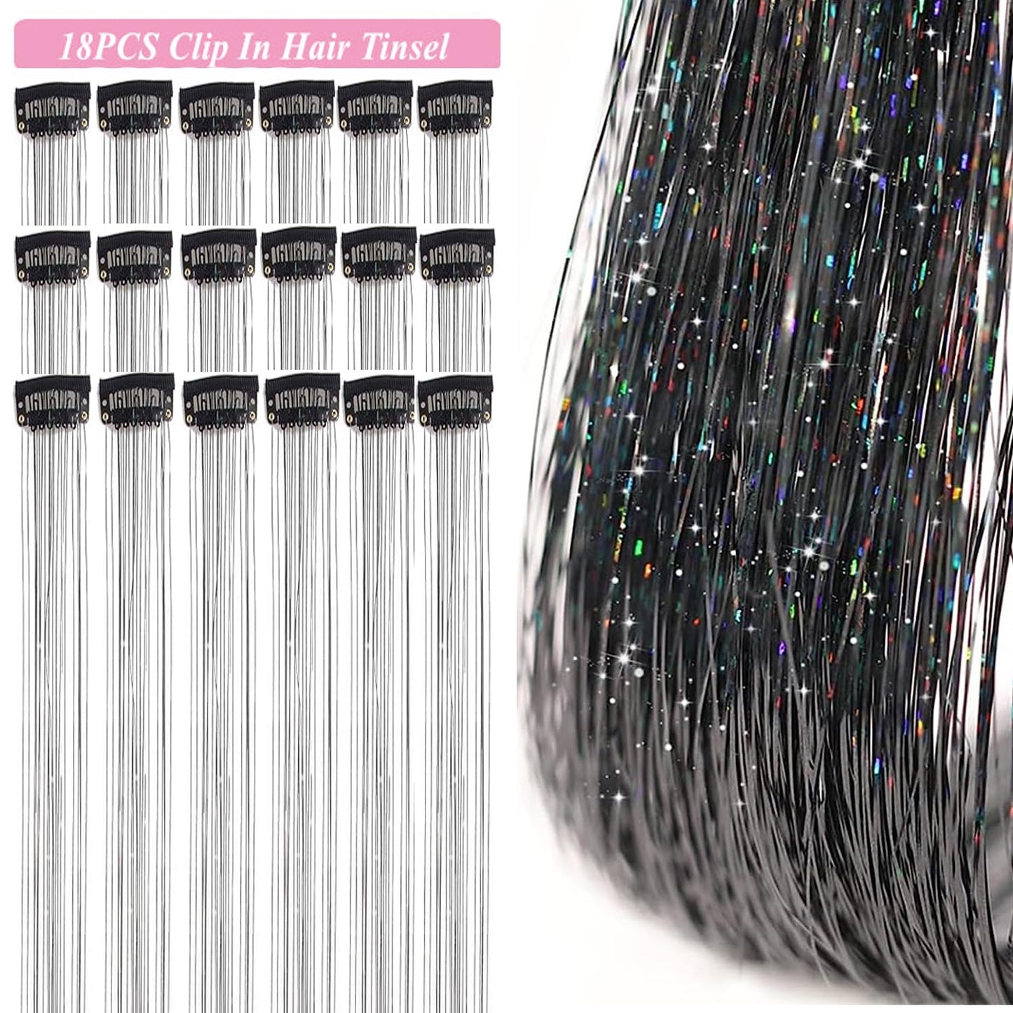 Hair Tinsel Kit Pack of 18 Pcs Hair Tinsel Clip in 19.6Inch Glitter Tinsel Hair Extensions Heat Resistant Clip in Hair Tinsel Sparkle Fairy Hair Accessories for Kids Girls Women (Black)