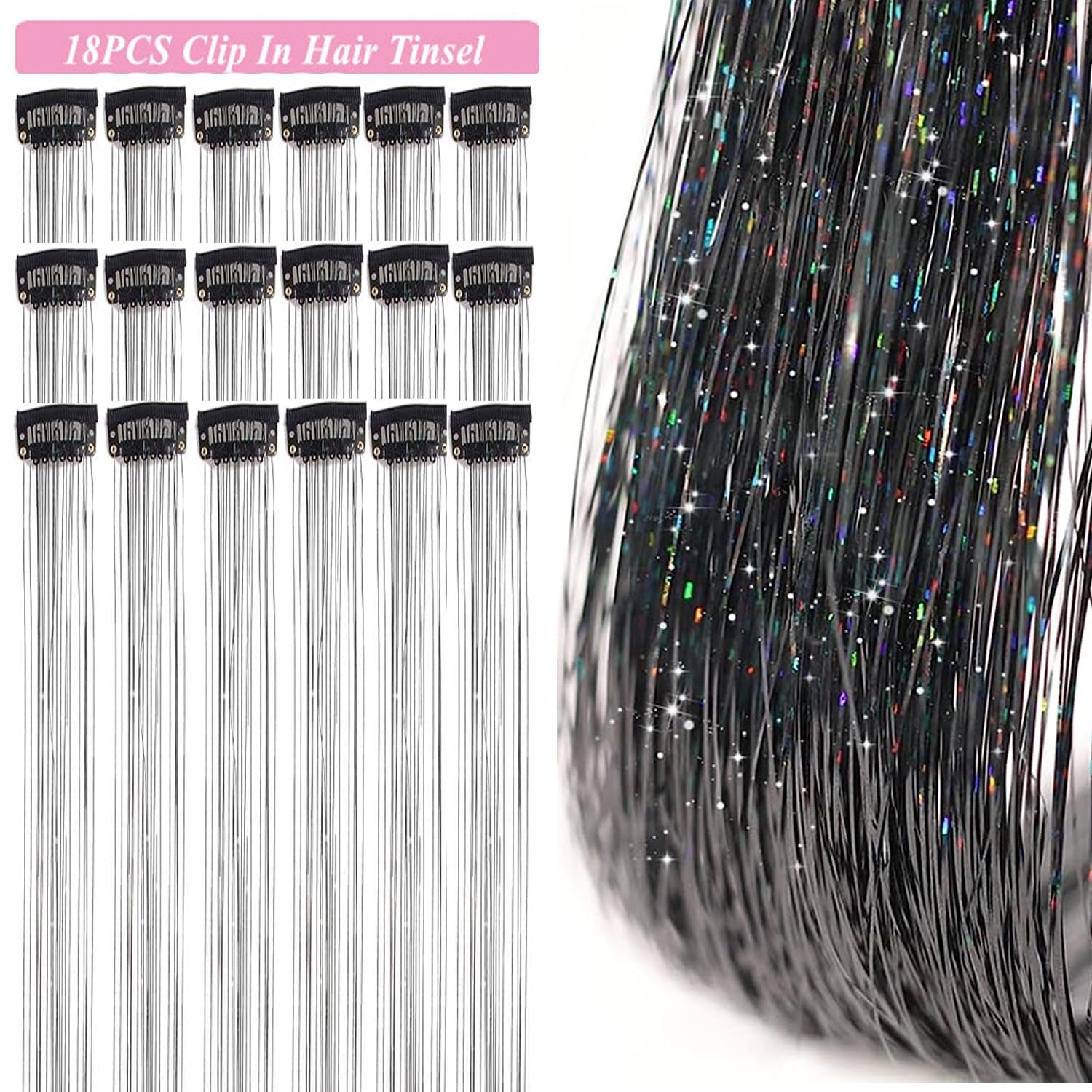 Hair Tinsel Kit Pack of 18 Pcs Hair Tinsel Clip in 19.6Inch Glitter Tinsel Hair Extensions Heat Resistant Clip in Hair Tinsel Sparkle Fairy Hair Accessories for Kids Girls Women (Black)
