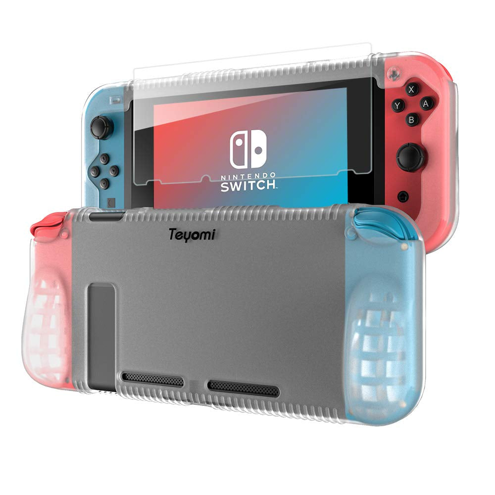 Protective Silicone Case for Nintendo Switch, Grip Cover with Tempered Glass Screen Protector, 2 Storage Slots for Game Cards, Shock-Absorption & Anti-Scratch (Blue)