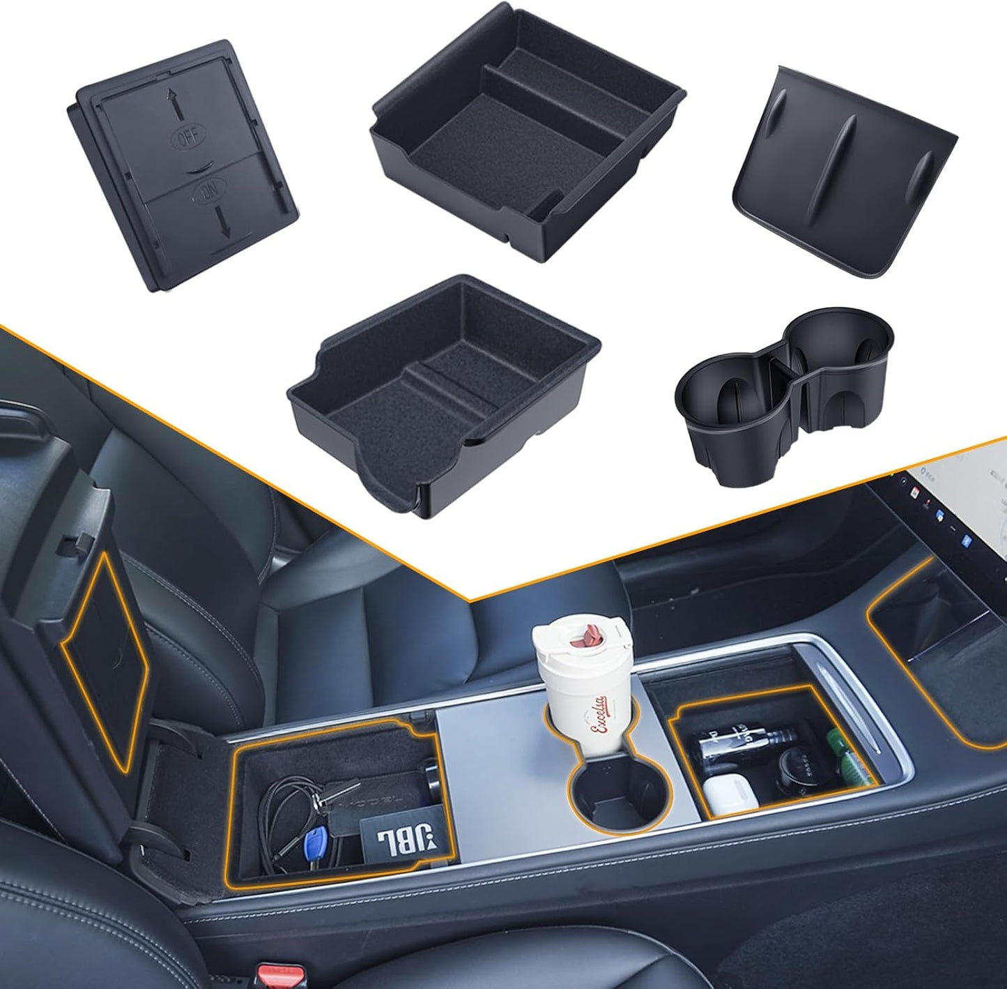 Center Console Organizer Tray 5PCS for Tesla Model Y Accessories 2024 2023 2022 2021 2020, Armrest Storage Tray and Hidden Storage Box, Cup Holder Insert, under Seat Storage Box