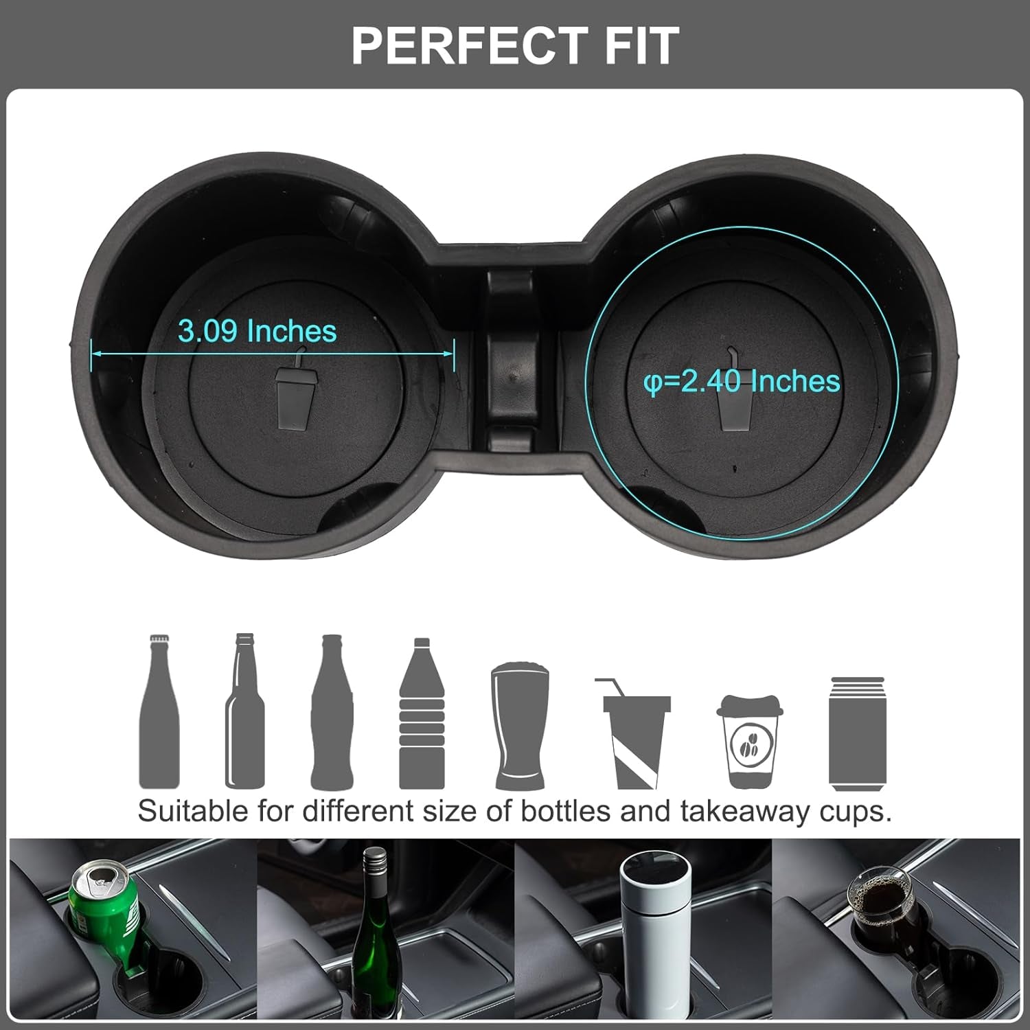 Cup Holder Insert for Tesla Model Y 2023, Upgraded Cup Holder Insert Compatible with Tesla Model 3 Model Y 2023 2022 2021, Leakproof Silicone Center Console Cup Holder, 1PCS (Black)