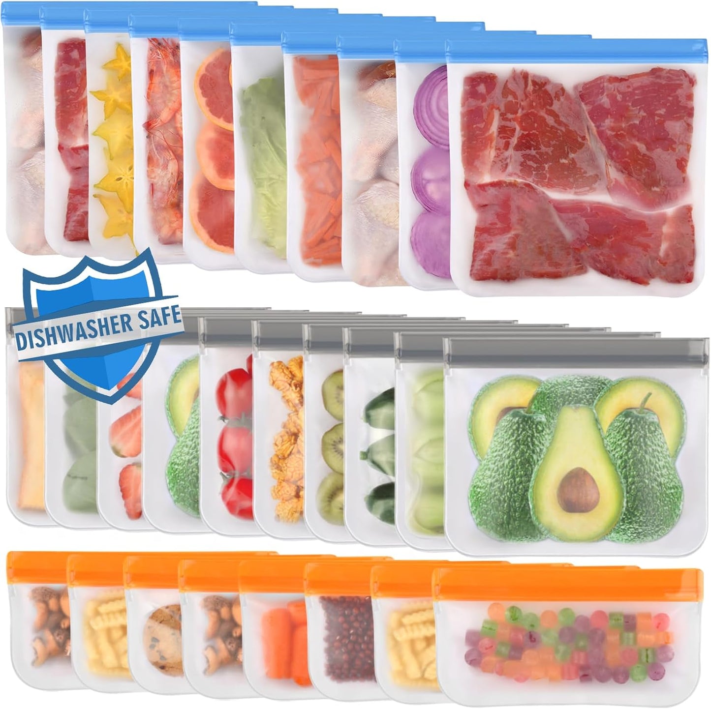 10 Pack Dishwasher Safe Reusable Bags Silicone, Leakproof Reusable Freezer Bags, BPA Free Reusable Storage Bags for Lunch Marinate Food Travel - 3 Gallon 4 Sandwich 3 Snack Bags