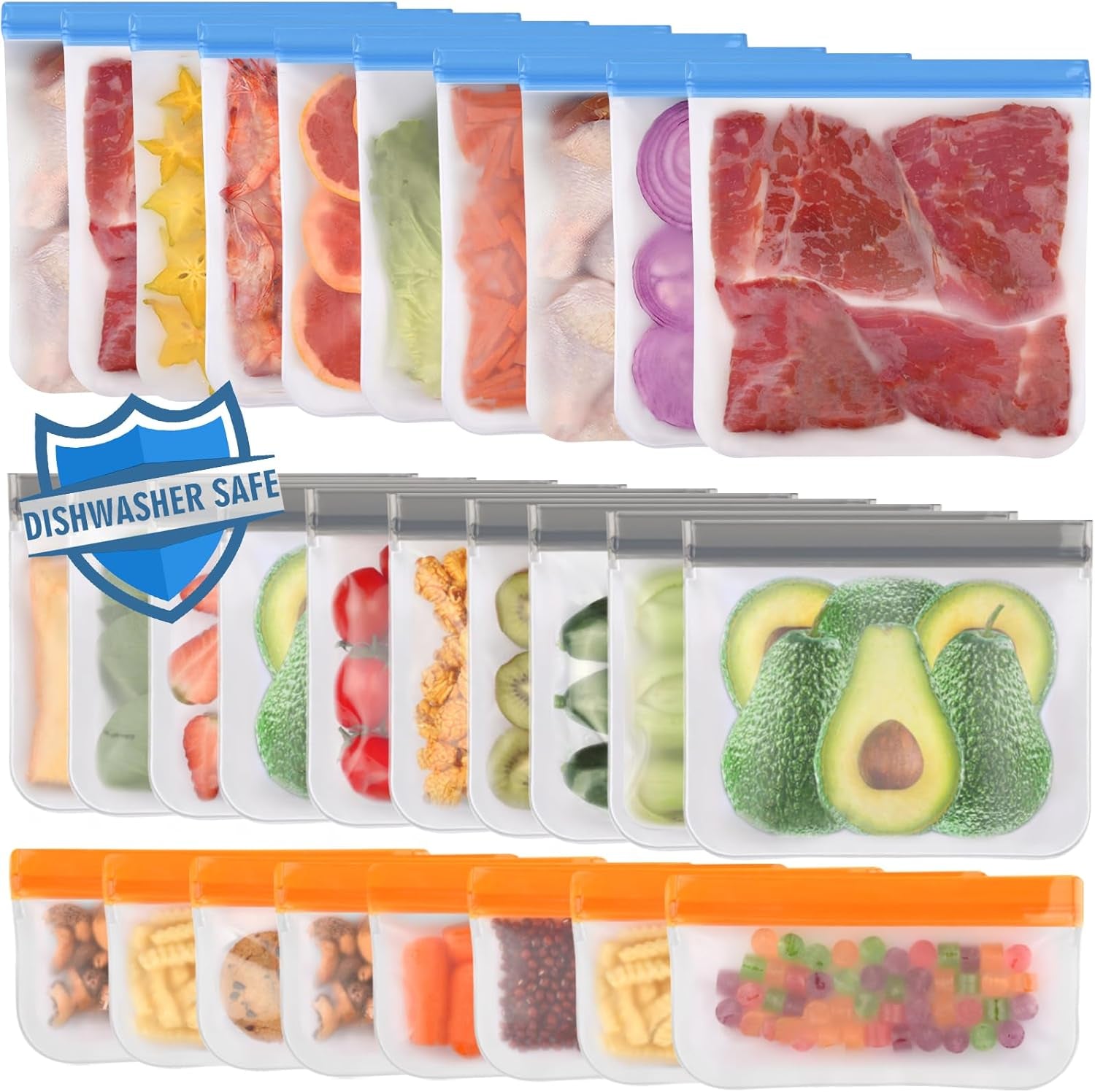 10 Pack Dishwasher Safe Reusable Bags Silicone, Leakproof Reusable Freezer Bags, BPA Free Reusable Storage Bags for Lunch Marinate Food Travel - 3 Gallon 4 Sandwich 3 Snack Bags