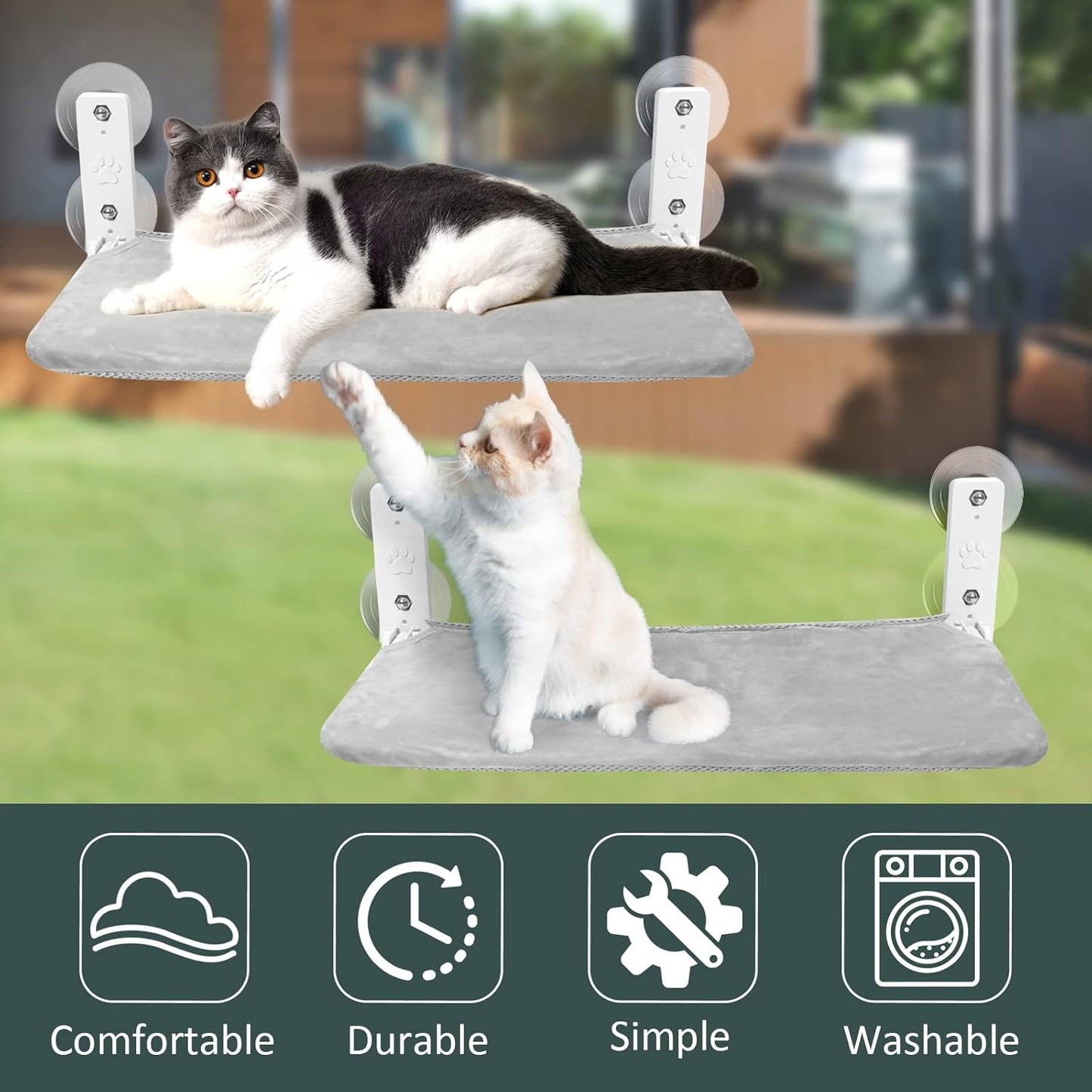 Cat Window Hammock Perch Cordless Perches Window Sill Seat Bed Foldable Stable Lounger Upgraded Suction Cup Easy Assembly Indoor Cats Kitty Shelf Hold up to 55Lbs (Grey, M)