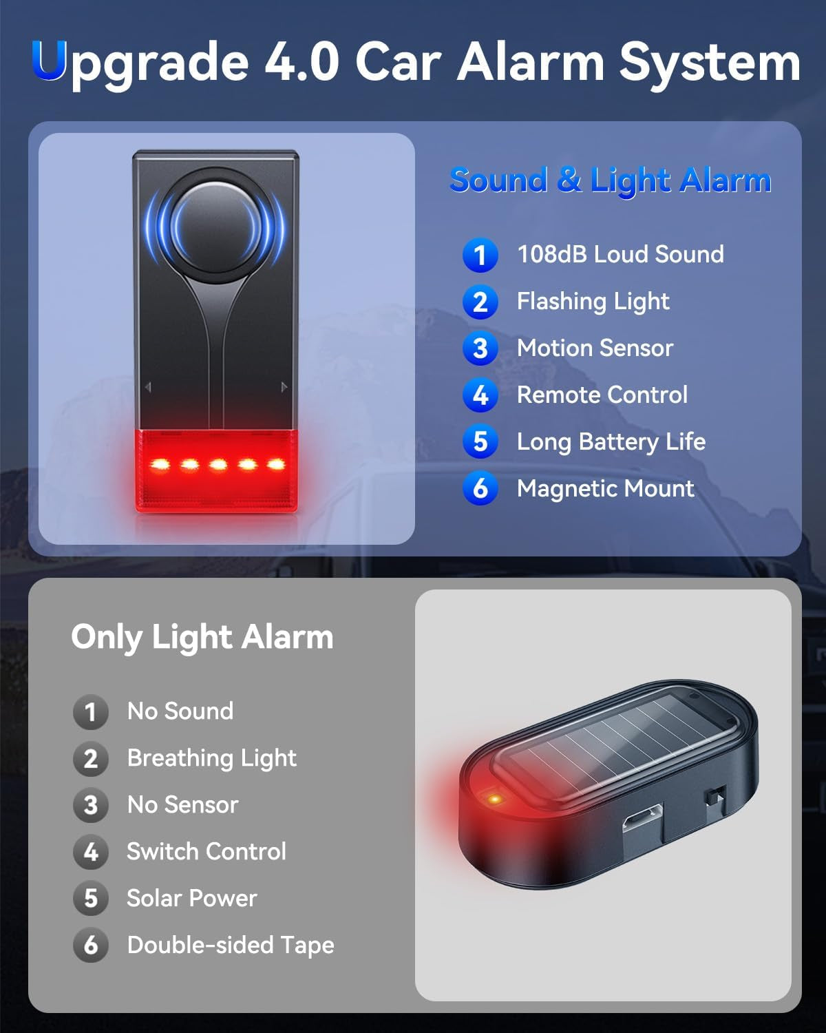 108Db Car Alarm System, Car Anti-Theft Vibration Sensor Alarm & Red Light Alarm, Wireless Remote anti Theft Car Device with Magnetic Install Design for Car, Truck (2 Alarm)