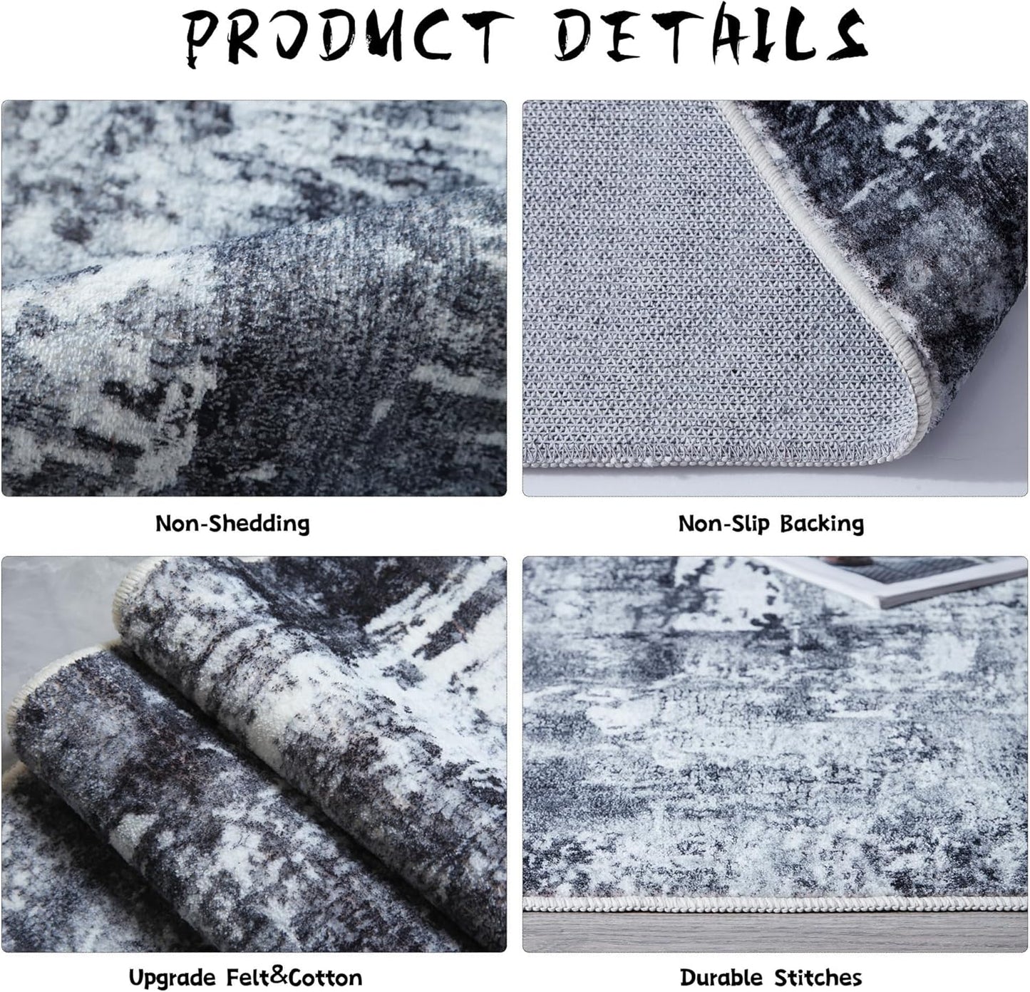 Area Rug 5X7 Washable Rug Boho Soft Abstract Pattern Non-Slip Faux Wool Vintage Rug for Living Room, Bedroom Rug, Farmhouse, Dining Room, Kids Playroom, Grey and Black