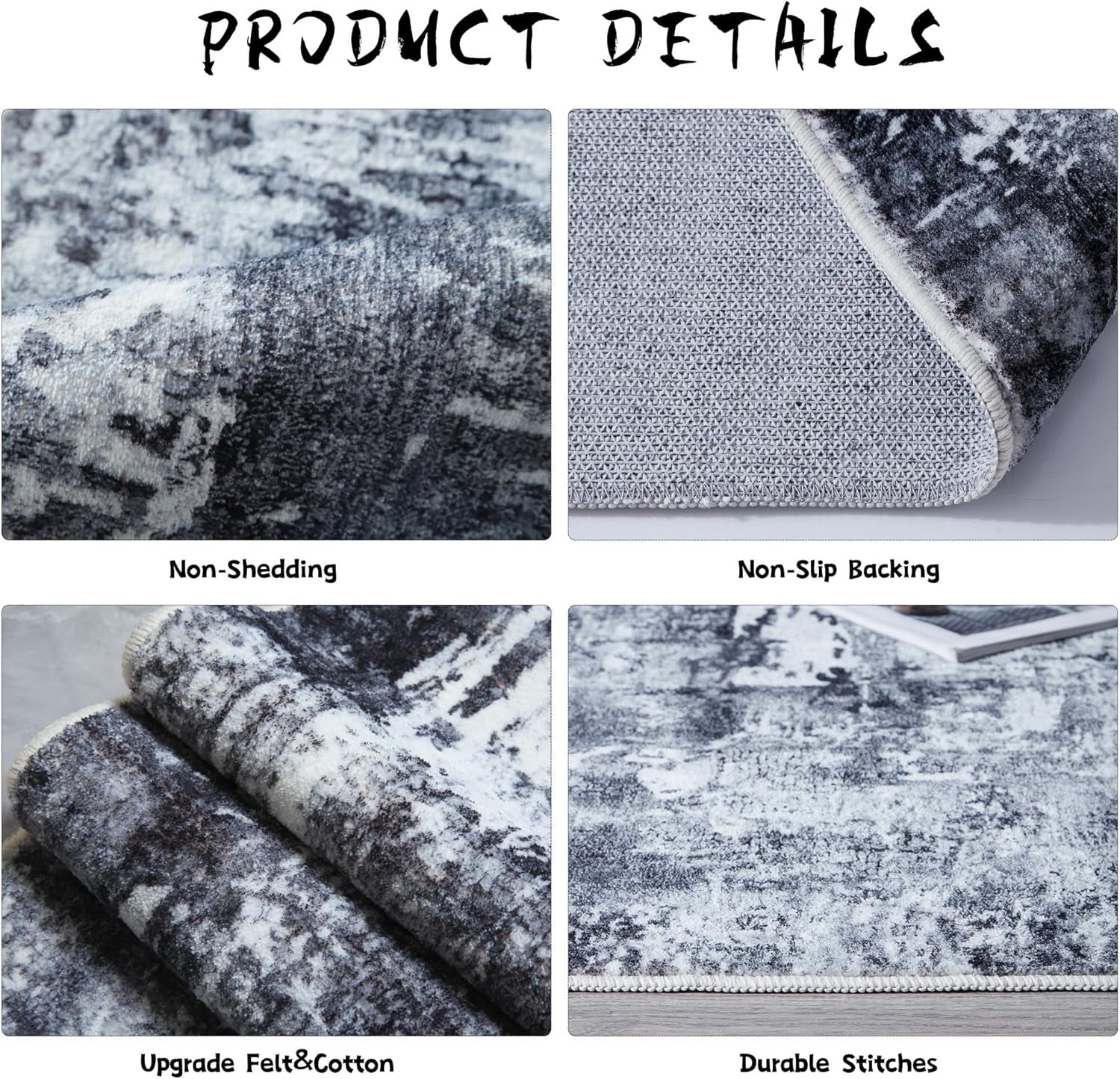 Area Rug 5X7 Washable Rug Boho Soft Abstract Pattern Non-Slip Faux Wool Vintage Rug for Living Room, Bedroom Rug, Farmhouse, Dining Room, Kids Playroom, Grey and Black