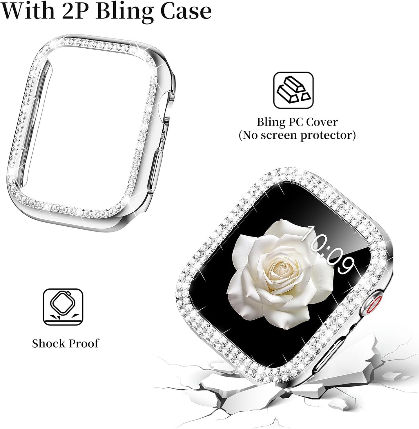 Compatible with Apple Watch Band 38Mm 40Mm 41Mm 42Mm 44Mm 45Mm 49Mm with 2 Pack Case Women, Jewelry Replacement Metal Wristband Strap with Bling PC Protective Case for Iwatch Ultra SE Series 9/8/7/6/5/4/3/2/1